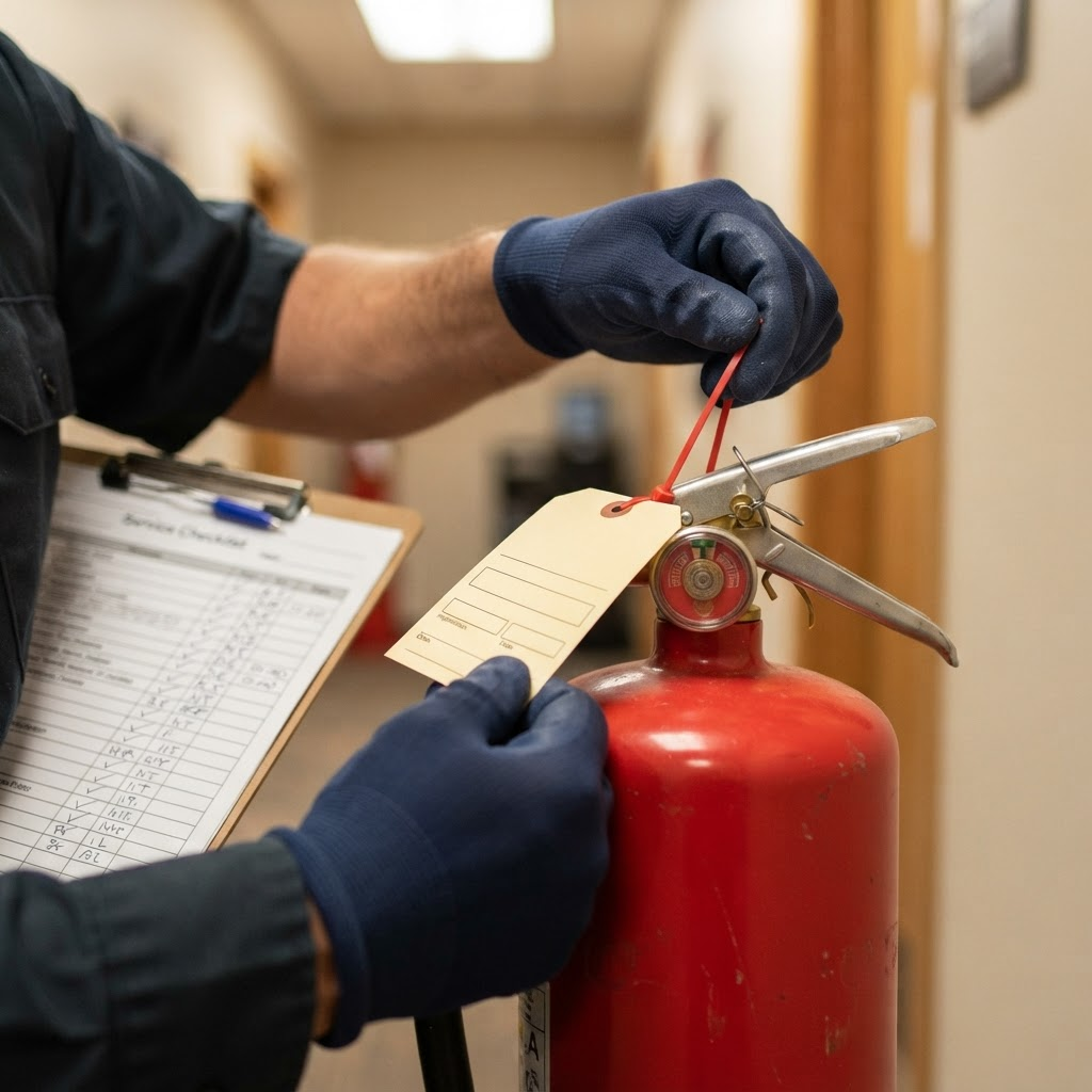 Jero Fire Solutions technician inspecting and certifying a fire extinguisher